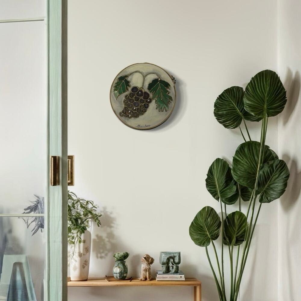 Hand-Painted Grapes and Leaves Art on Embroidery Hoop – Unique Wall Decor